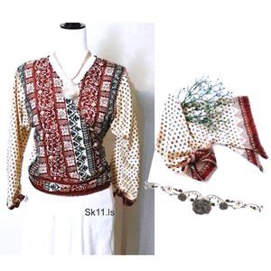 CAT 100% India Silk Kimono Wrap Tie Red Green Beige Geo Print L-Sleeve V-Neck